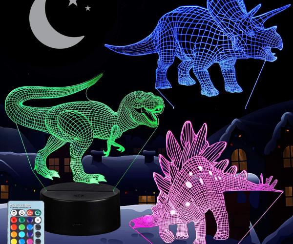 3D dinozauro formos naktinė lempelė (keičiamų spalvų)
