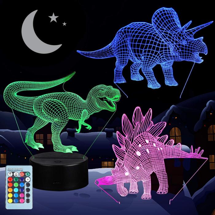 3D dinozauro formos naktinė lempelė (keičiamų spalvų)